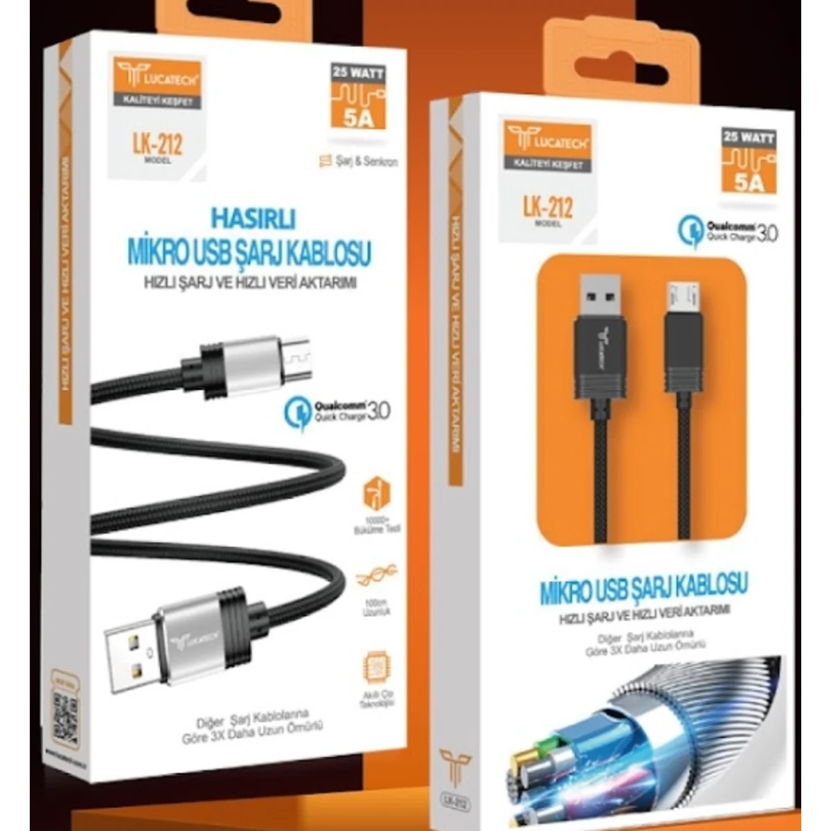 HASIRLI MİKRO USB ŞARJ KABLOSU 25W 5A