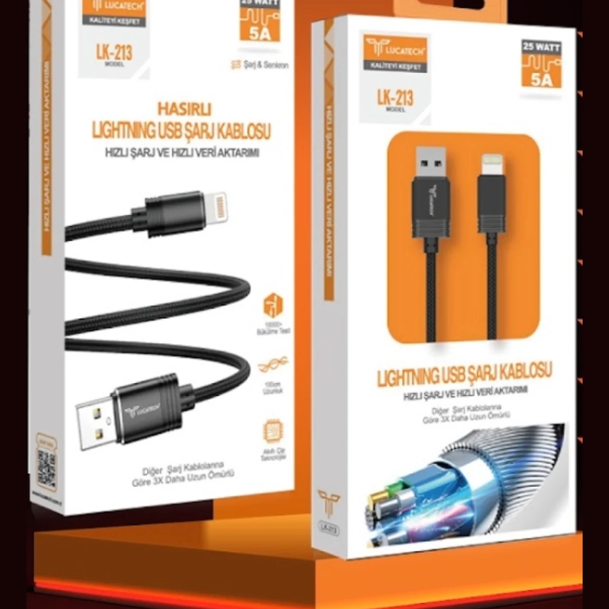 HASIR ÖRGÜLÜ LİGHTNİNG ŞARJ KABLOSU 25W 5A